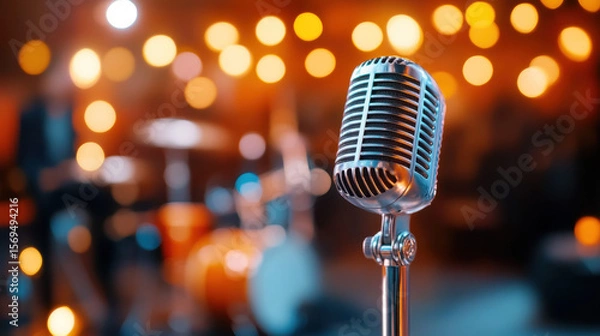 Fototapeta Minimal jazz, Vintage jazz microphone with blurred instruments in the background.