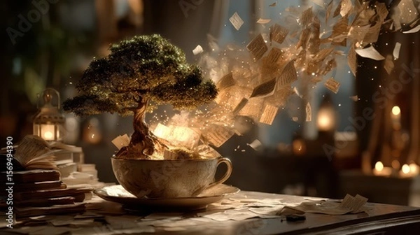 Fototapeta Magical transformation of a tree in a teacup studio digital art fantasy