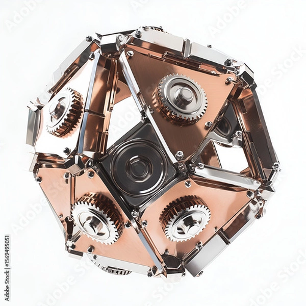 Fototapeta Abstract mechanical figures in silver and copper tones featuring intricate details and complex designs. Futuristic and steampunk-inspired metallic sculptures ideal for modern tech visuals.