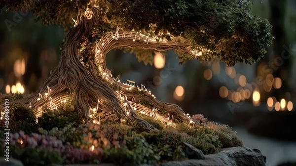Fototapeta Whimsical musical trees enchanted atmosphere in forest at night