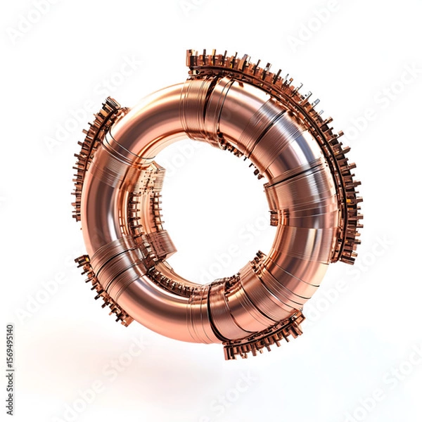 Fototapeta Abstract mechanical figures in silver and copper tones featuring intricate details and complex designs. Futuristic and steampunk-inspired metallic sculptures ideal for modern tech visuals.