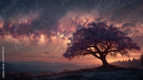 Fototapeta Serene viewpoint celestial sky over blossoming tree mountains