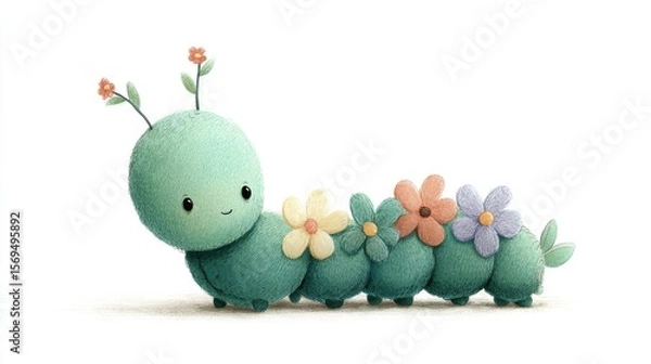 Fototapeta Charming 3D illustration of a cute caterpillar with colorful flowers, isolated on a white background