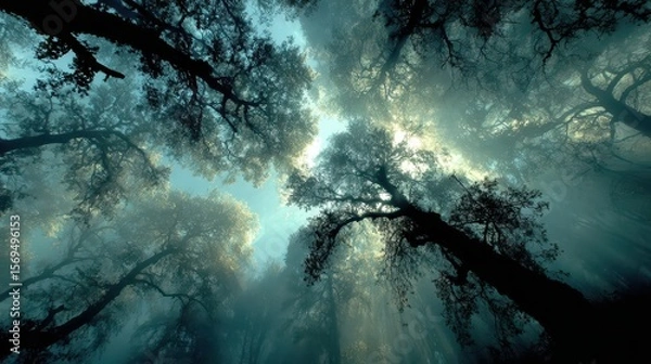 Fototapeta Mystical forest scene nature photography foggy environment underneath view