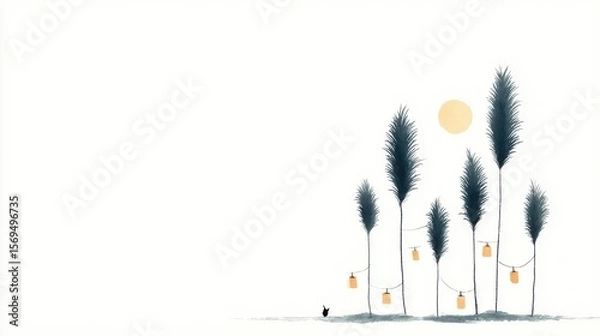 Fototapeta Whimsical minimalist illustration of pampas grass with hanging lanterns under a sun, ample copy space