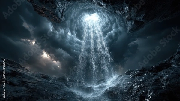 Fototapeta Majestic waterfall emerges from dark cave nature scene dramatic view