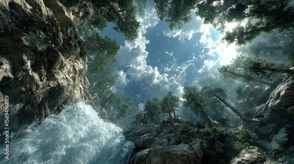 Fototapeta Serenity in nature upward view of a cascading forest waterfall