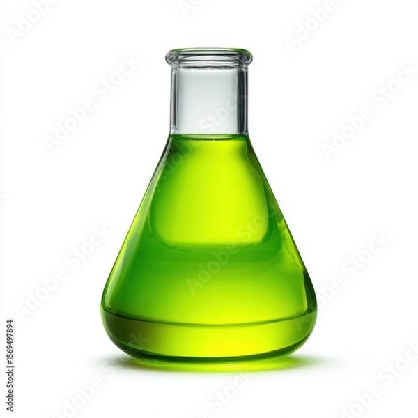Fototapeta Glowing green chemical liquid in beaker isolated lab setting science concept