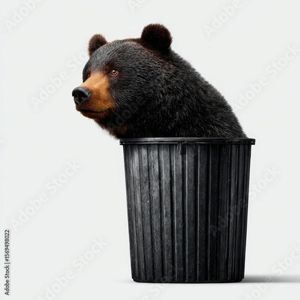 Fototapeta Bear searching for food in trash can isolated wilderness nature scene wildlife view