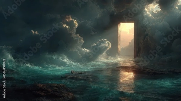 Fototapeta Mysterious doorway emerges from waves ocean scene fantasy art dramatic lighting