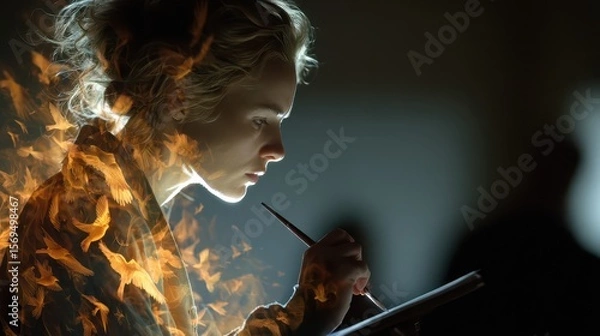 Fototapeta Creative artist sketching amidst fiery inspiration in studio