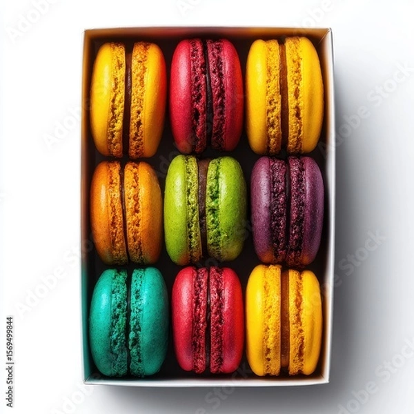 Fototapeta Gourmet macarons display colorful treats against a white background