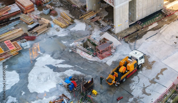 Fototapeta An aerial view of an active construction site. Showcasing machinery, building materials and ongoing work. The dynamic process of urban development and infrastructure creation.