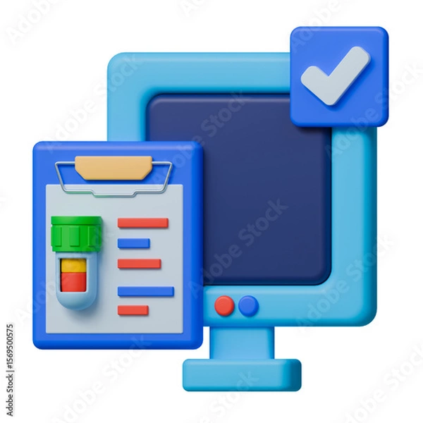 Fototapeta Medical lab test result displayed on computer screen with checklist and colorful chart icon.