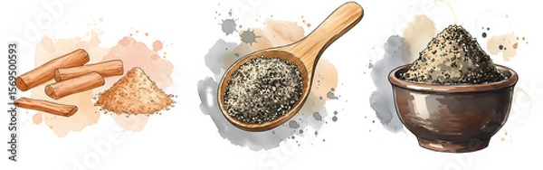 Fototapeta Artistic depiction of cinnamon sticks powder spoon with seeds and bowl with seeds on a light splash on transparent background