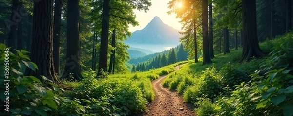 Obraz Winding Forest Trail to Mountain Peak Dappled Sunlight, Lush Greenery, Perfect for Adventure and Exploration Projects