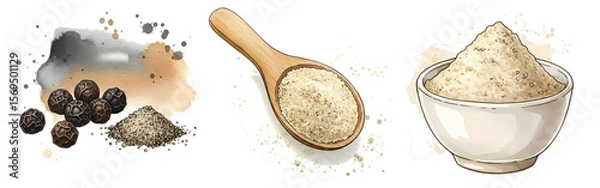 Fototapeta A depiction of peppercorns, ground pepper in a spoon, and a bowl of white powder on a plain surface on transparent background