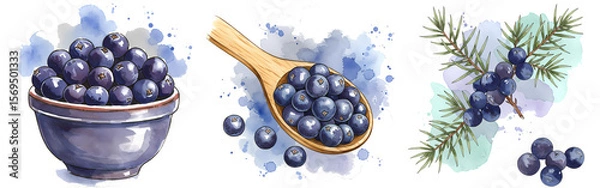 Fototapeta A watercolor depiction of juniper berries in a bowl, spoon and on a branch with foliage art style on transparent background