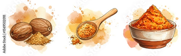 Fototapeta A watercolor style depiction of nutmeg whole and ground with a spoon and bowl on a light backdrop on transparent background