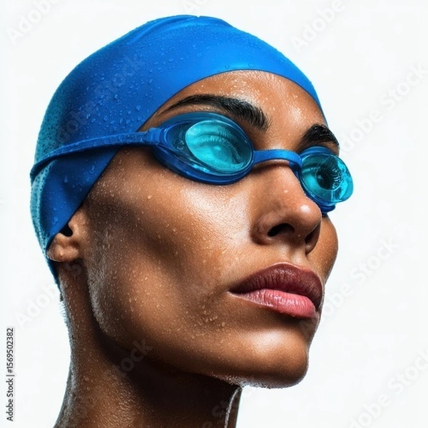 Fototapeta Female swimmer capturing strength in goggles and cap at poolside