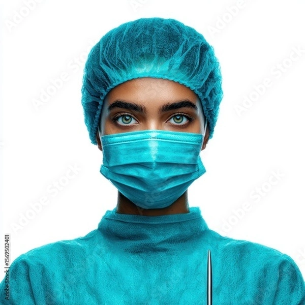 Obraz Female surgeon in scrubs and mask performing surgery in hospital operating room