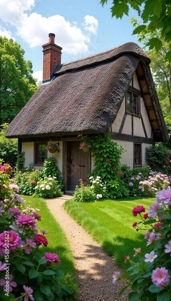 Obraz Charming Thatched Cottage in Vibrant English Garden, Blooming Flowers, Lush Greenery, Idyllic Rustic Home, Perfect for Home Decor and Travel Imagery