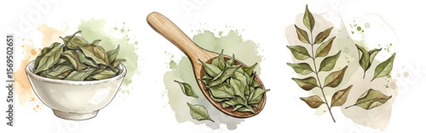 Fototapeta Three watercolor depictions of curry leaves in a bowl spoon and branch on a white background art piece on transparent background