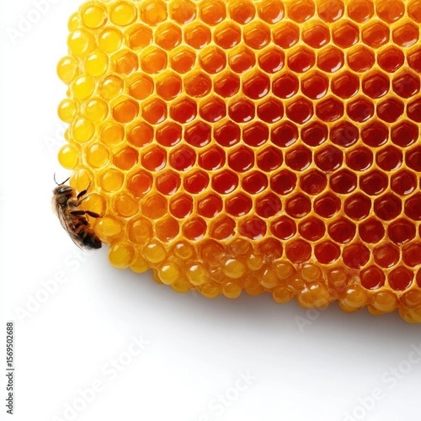 Fototapeta Queen bee in honeycomb frame with eggs beehive nature photography close-up macro concept