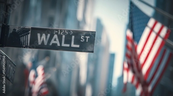 Obraz Wall Street sign with American flags in the background, symbolizing financial district.