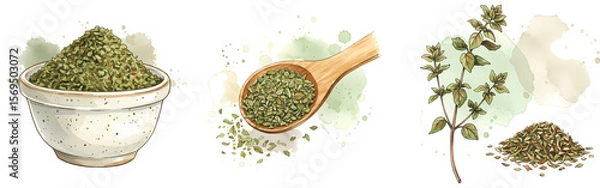 Fototapeta A watercolor painting of oregano presented in a bowl spoon and plant with a pile of the dried herb on transparent background