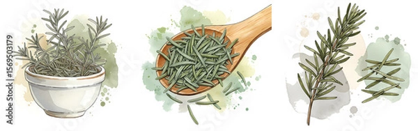 Fototapeta A watercolor style depiction of rosemary in a pot, spoon, and sprigs on a transparent canvas view on transparent background