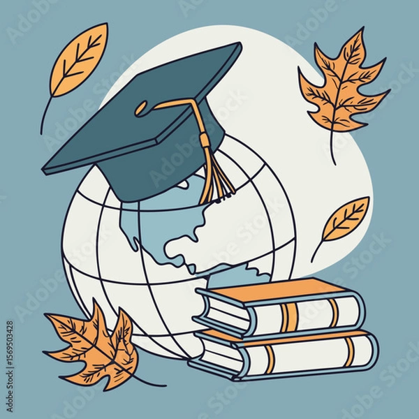 Fototapeta colorful graduation globe with books and autumn leaves, digital art
