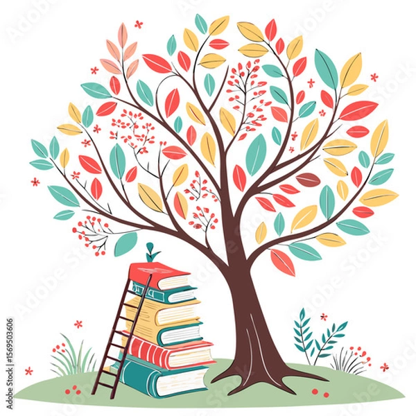 Fototapeta a whimsical tree with colorful leaves, books, a ladder, and other nature elements, digital art, vibrant colors, playful, cute, fantasy, magical, highly detailed, 4k

