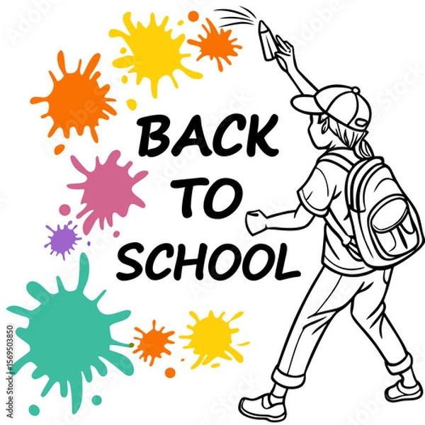 Fototapeta cartoon character walking, backpack, back to school, colorful splatter paint design, flat style, vector illustration
