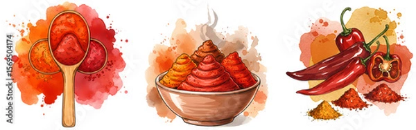 Fototapeta Three watercolor style images of chili peppers and powder in spoons and a bowl on a light color splash on transparent background