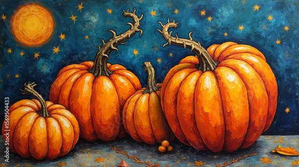 Fototapeta Abstract orange pumpkins against a starry sky with moon