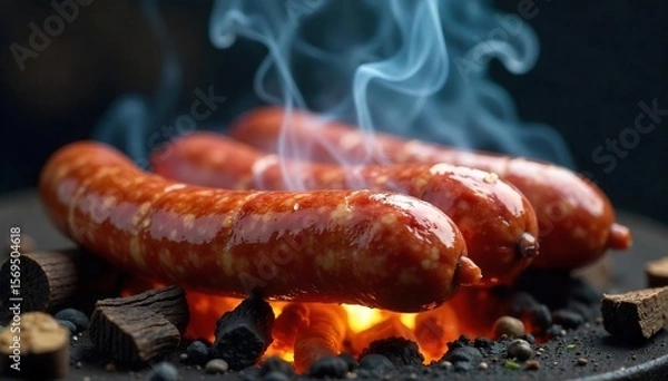 Obraz Artisan Smoked Sausages Gently Smoking Over Wood Chips Outdoors, Creating a Delicious Aroma. Rich Colors and Lazy Smoke Curls Highlight the Flavorful Meat.