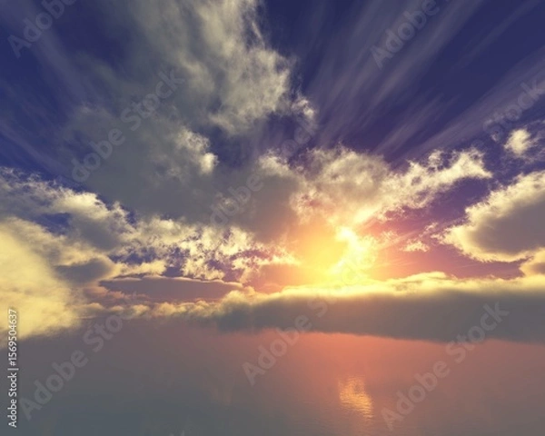 Fototapeta Flight among the clouds, Stormy sky, sunrise or sunset among fabulous clouds, panorama of clouds, 3D rendering
