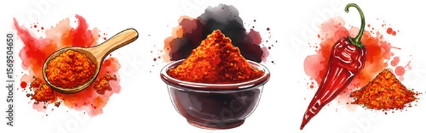 Fototapeta Various depictions of chili powder with a spoon bowl and whole pepper on a colorful splash design on transparent background