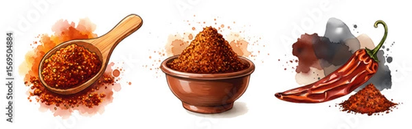 Fototapeta A watercolor depiction of chili flakes in a spoon, bowl, and next to a whole chili pepper artfully arranged on transparent background