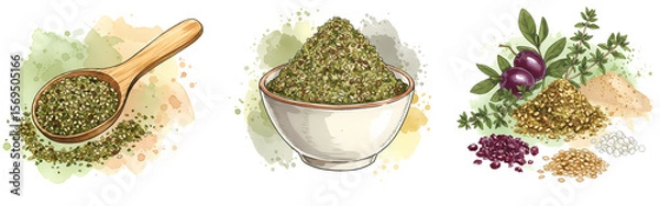 Fototapeta Three arrangements of herbs and spices in a wooden spoon, bowl and various piles watercolor style on transparent background