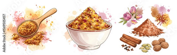 Fototapeta Watercolor depiction of spices in a bowl and spoon with cinnamon sticks and flowers on white canvas on transparent background