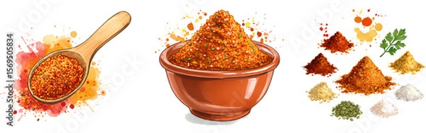Fototapeta A wooden spoon with spices next to a bowl and piles of different spices on a plain background on transparent background