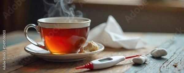 Obraz Soothing Winter Remedy Steaming Mug of Tea with Tissues, Thermometer, and Cough Drops on Rustic Wood