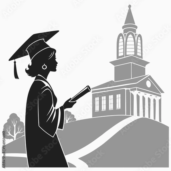 Fototapeta silhouette of a person in graduation cap and gown, traditional university campus building, architectural details, landscape elements, monochrome, detailed, digital art
