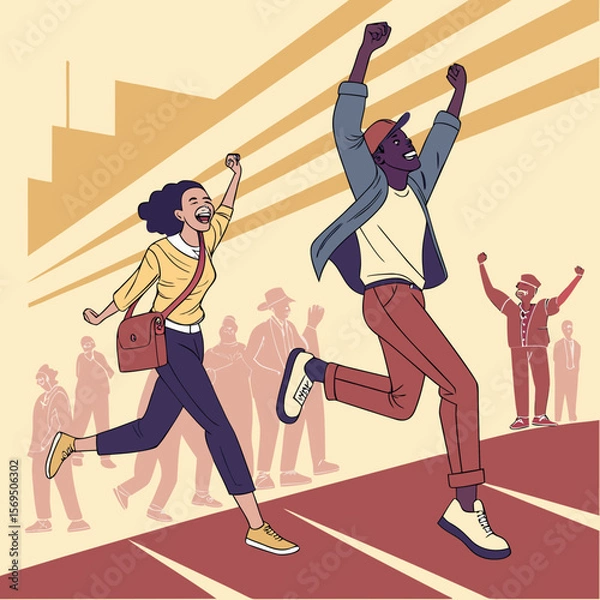 Fototapeta a group of people running on a track, retro-style illustration, dynamic, vivid colors, geometric shapes, stylized, dynamic motion, athletic, sports, vintage aesthetic, digital art
