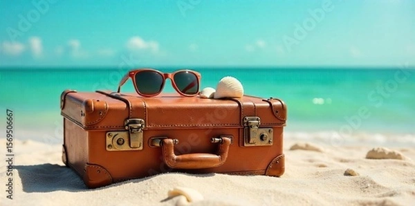 Obraz Vintage Suitcase Ready for Beach Adventure Sun, Sand, and Summer Essentials Await Carefree Journey