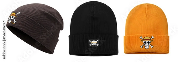 Fototapeta Three beanies in brown, and orange with skull and crossbones design, isolated on a plain backdrop on transparent background