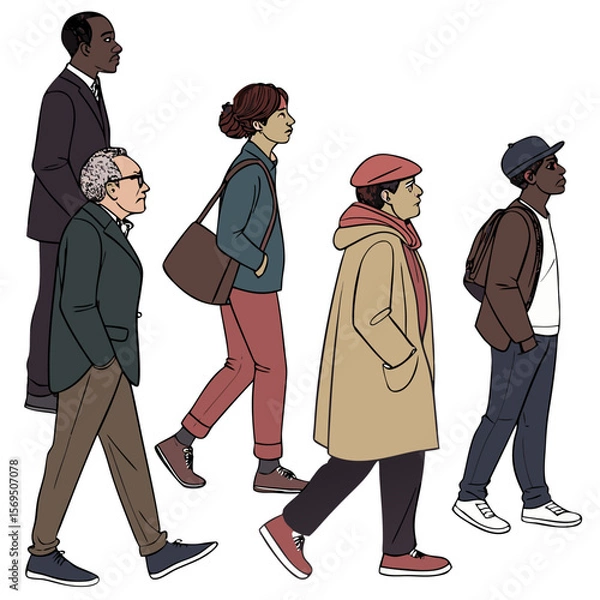 Fototapeta character design, illustration, simple elegant style, diverse group of people walking, young and old, male and female, different clothing styles, stylized proportions, minimal color palette, digital p
