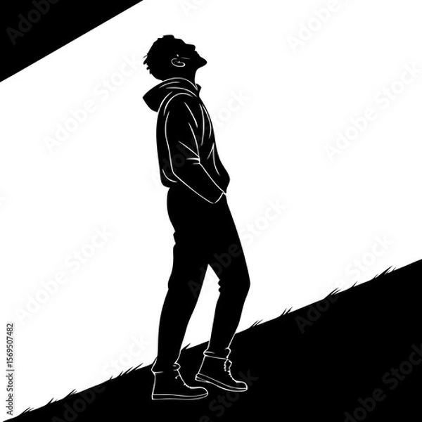 Fototapeta person standing on a path,high contrast lighting,dynamic composition,dramatic shadow,detailed silhouette,moody atmosphere,cinematic style
